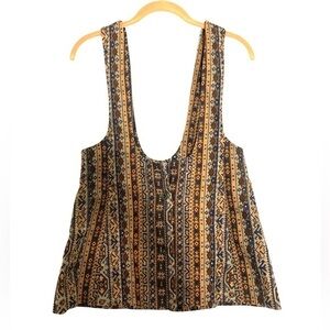 Vintage Boho Octoberfest Bavarian Tapestry Western Cowboy Vest Top Tan Brown